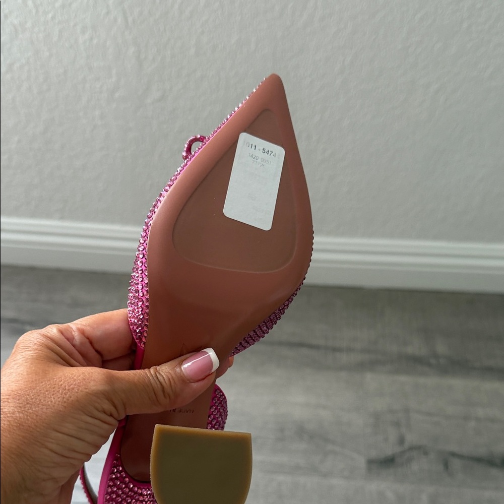 Amina Muaddi Fuchsia Crystal Slingback Pumps with Bow - Picture 13 of 14